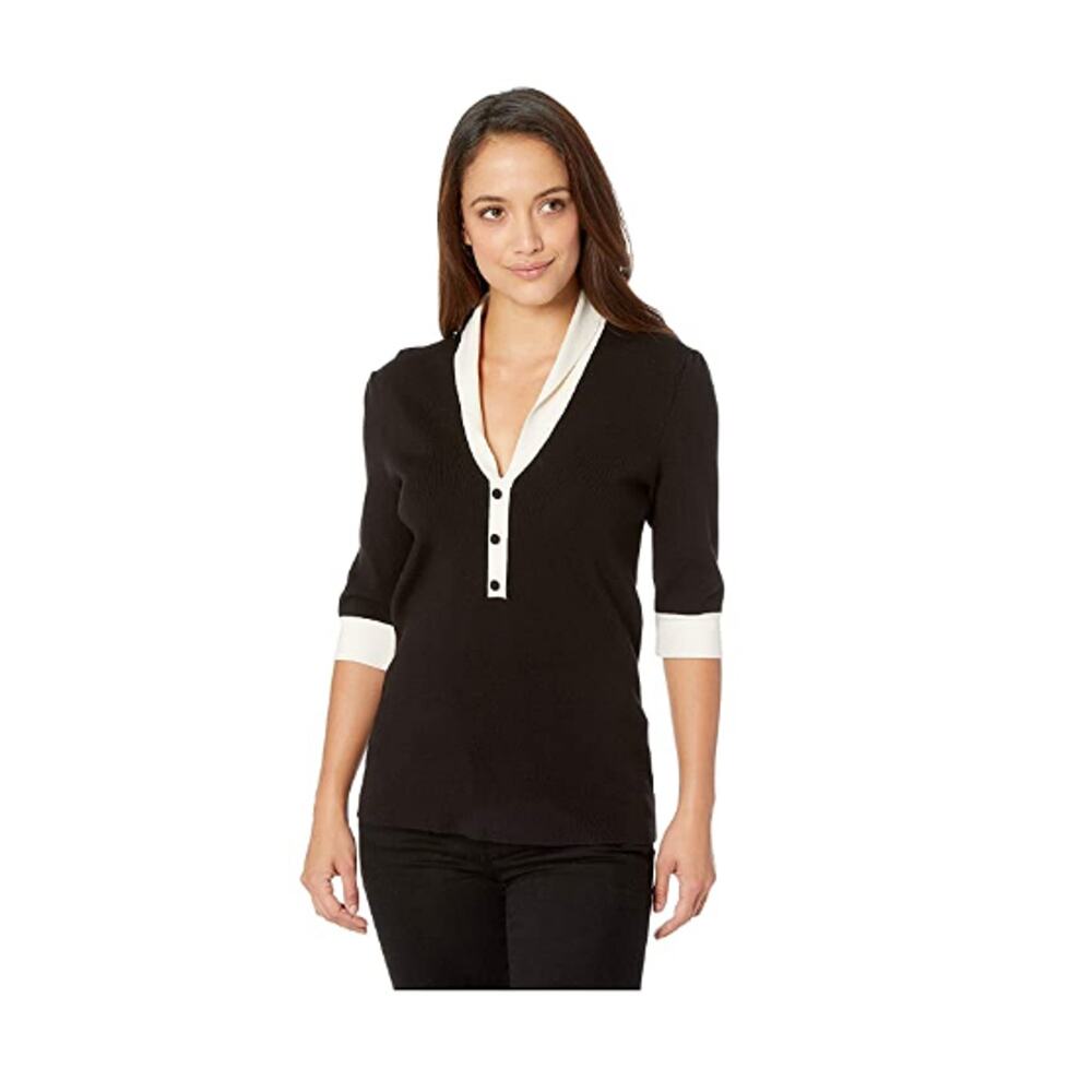 Anne Klein Shawl Collar Short Sleeve V-Neck Sweater Black Size M 3138